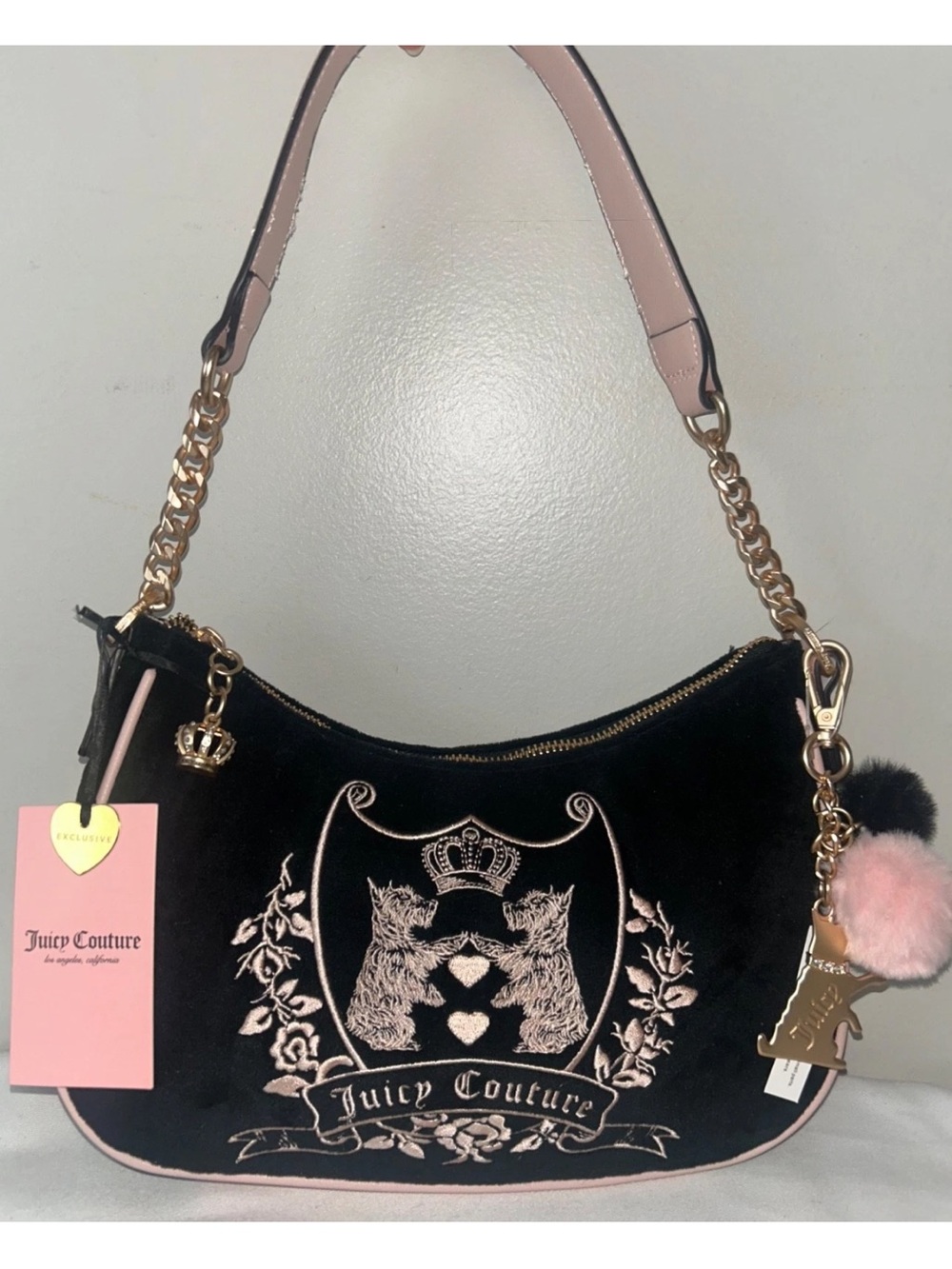 NEW! JUICY COUTURE Velour New Love Chapter Shoulder Bag in Black/Pink